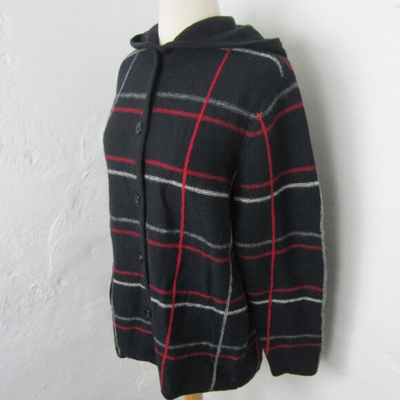 Vintage Cherokee Women's Size Small Black Plaid Wool Hooded Button Up Cardigan - Picture 2 of 7